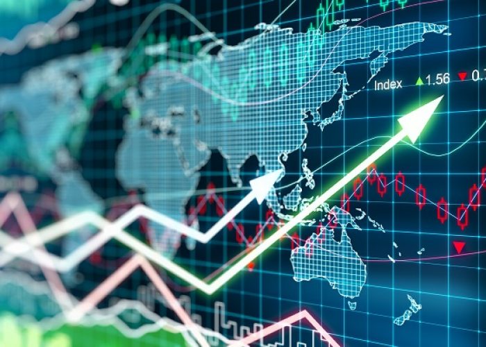 Business chart with glowing arrows and world map